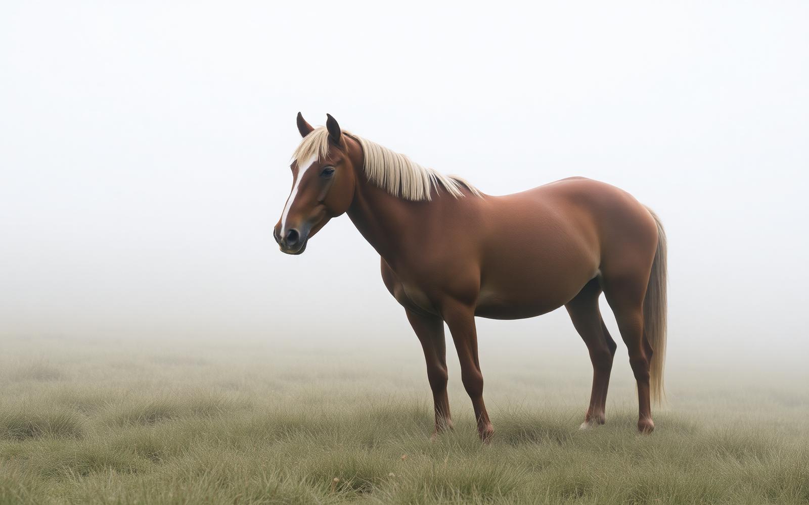 Horse standing in a misty field